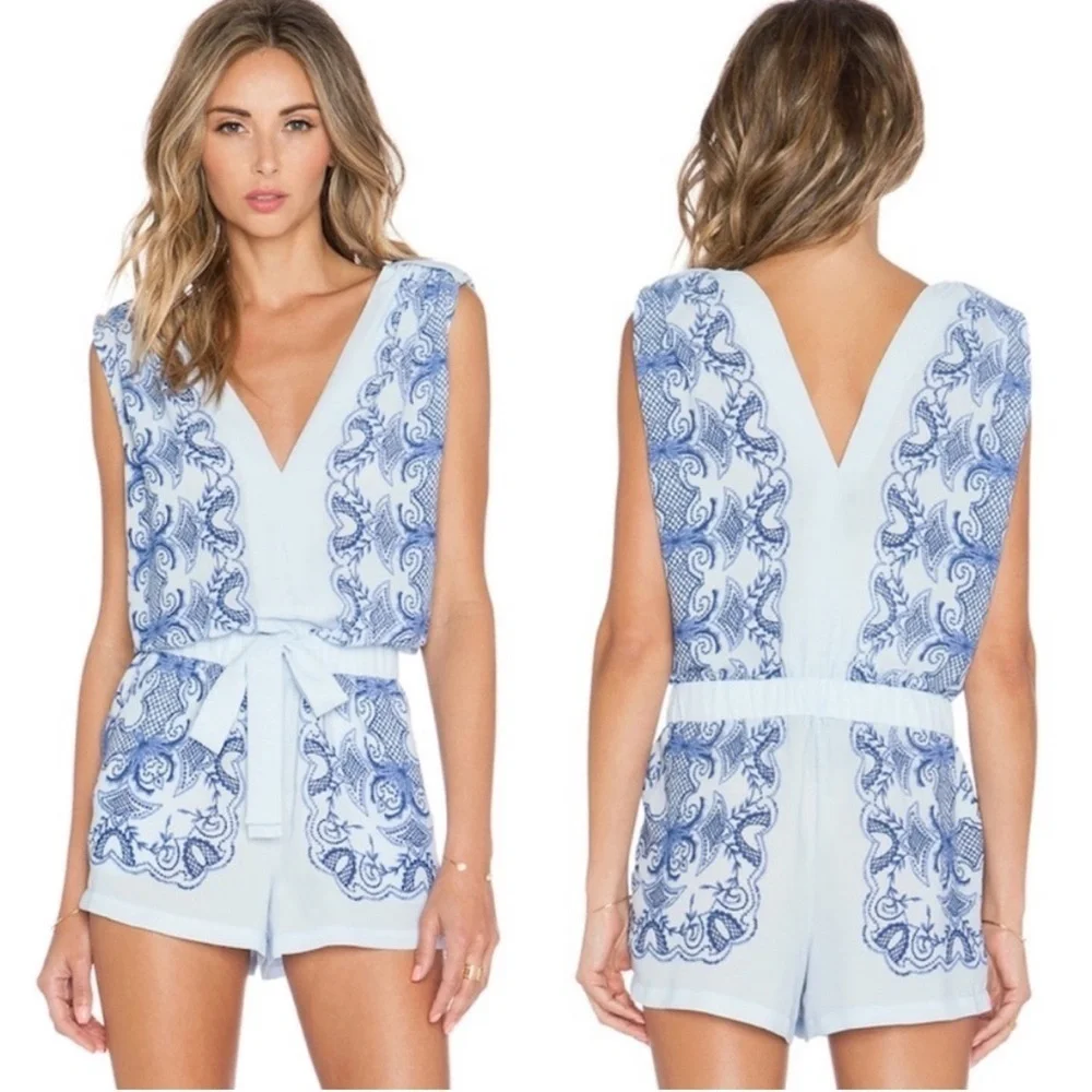 BCBGMaxAzria V-Neck Floral Scarf Print Vance Tie Waist Romper - Light Oasis Blue